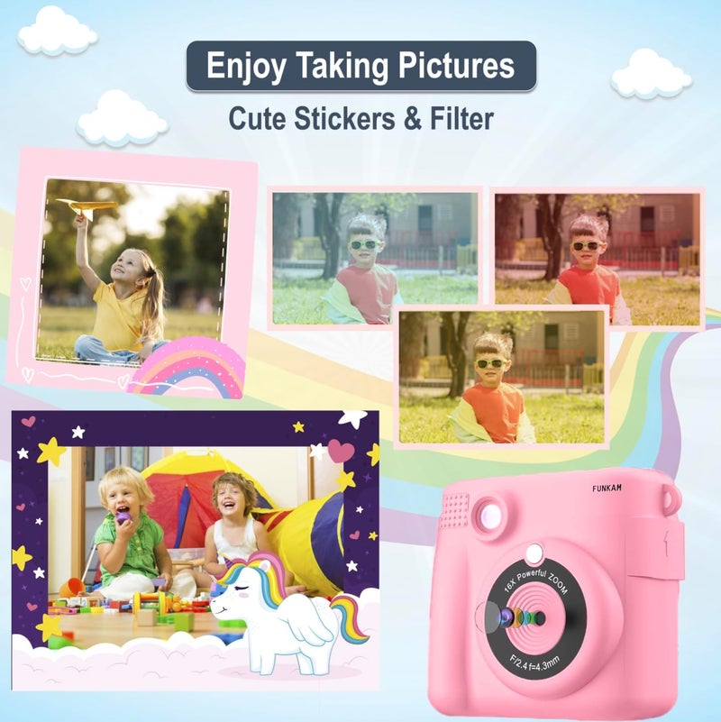 FUNKAM Instant Print Camera for Kids - 2.4" HD 1080P - with 32GB SD Card, 5 Markers, Stickers, 5 Paper Rolls, Lanyard. Camera Boys and Girls from 3 to 14 Years Old. (Pink) - Image 5